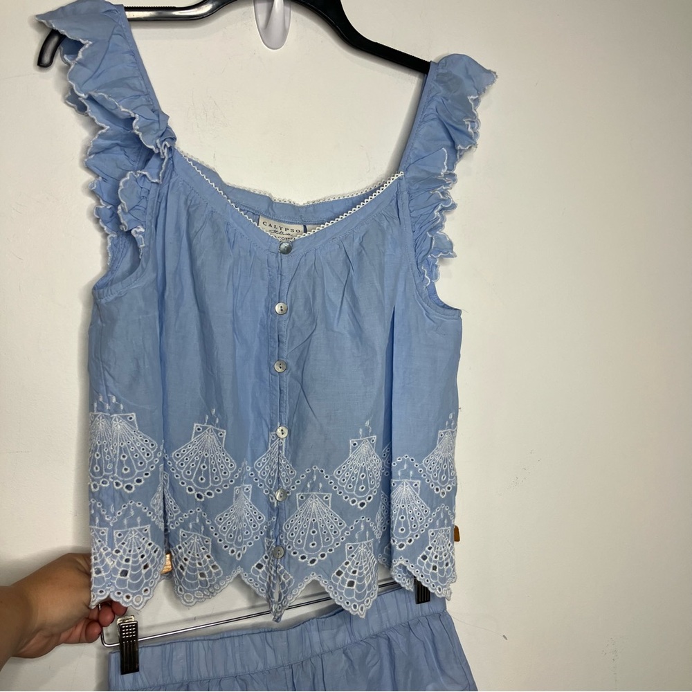 Calypso St. Barth blue seashell eyelet pajama set tank shorts women’s size small